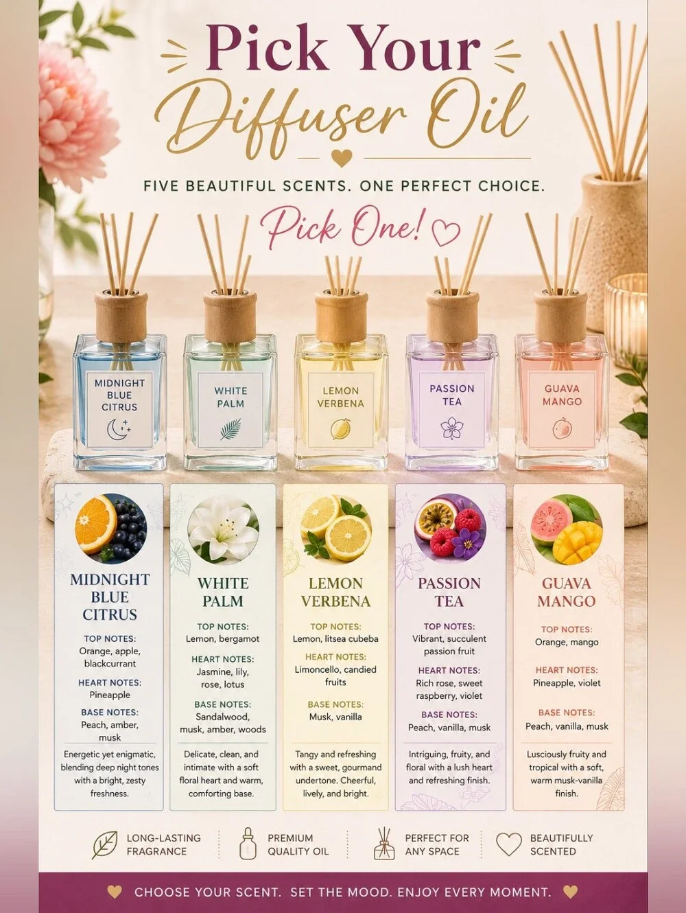 BIN - Reed Diffuser Set - Five Scents Available - 1 SET PER ORDER